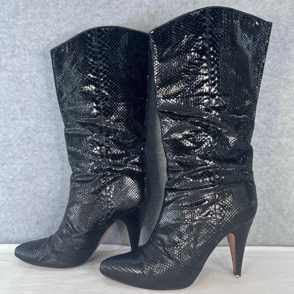Vintage Biondini Women's sz 8.5 (EU 38.5) Black Snakeskin Heel Boots Italy Rare - Picture 2 of 16